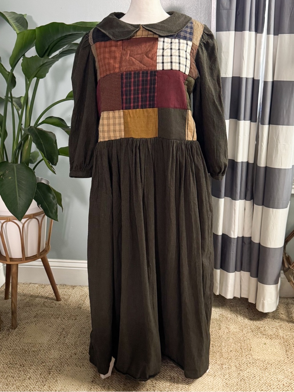 Vintage Prairie Maxi Dress Patchwork Quilted Olive Green Fits Large - Picture 2 of 9